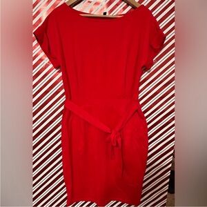 Red Short Sleeve Tie Waist Pockets Sheath Dress